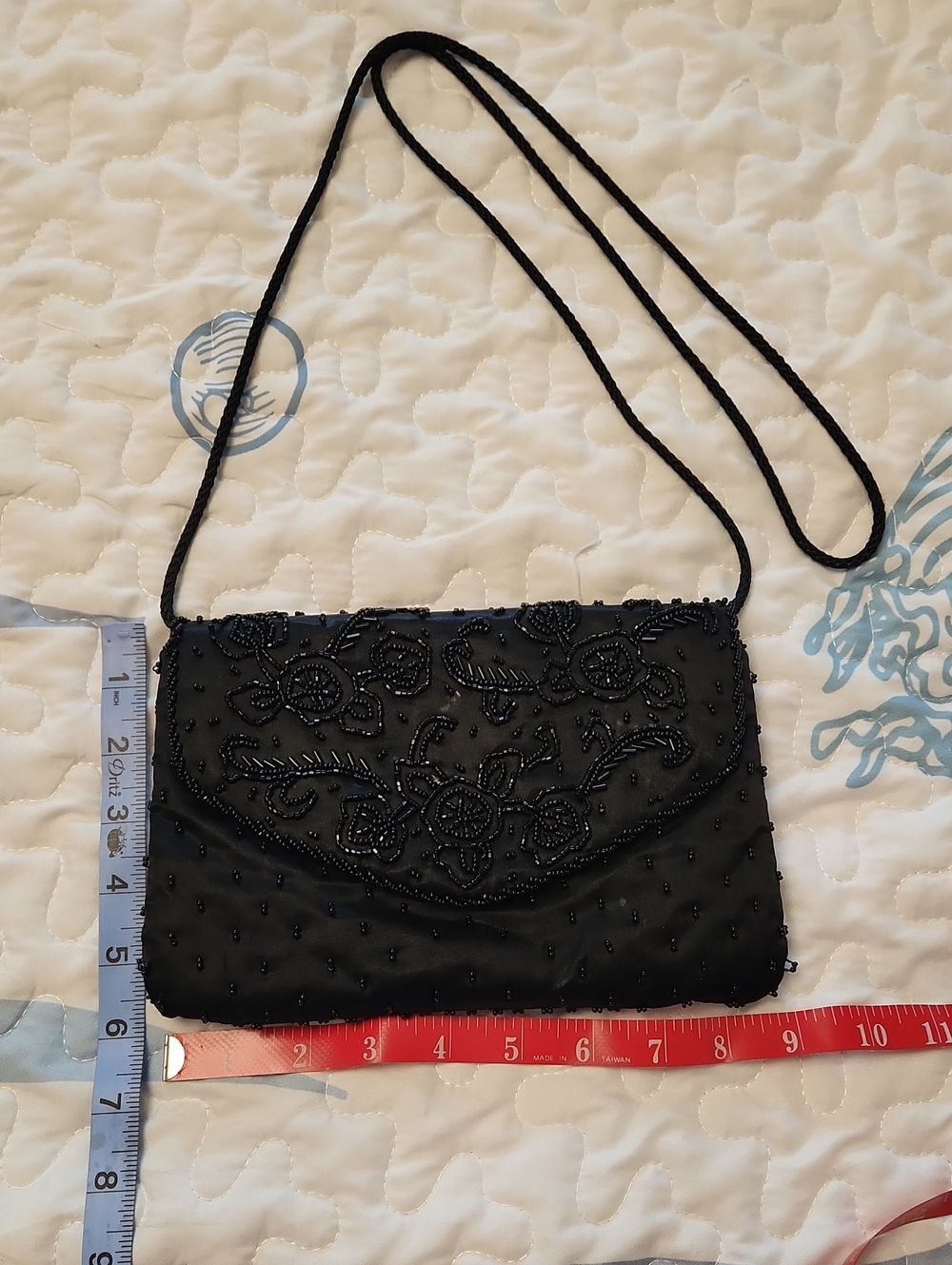 La Regale Black Beaded Floral Evening Clutch with Strap